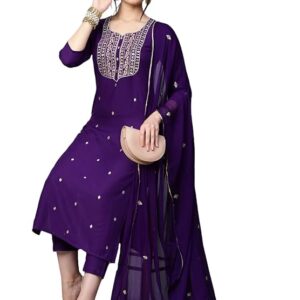 Home women’s cotton blend embroidered kurta set with pant & dupatta – straight calf‑length, 3/4 sleeve, round neck – elegant ethnic attire