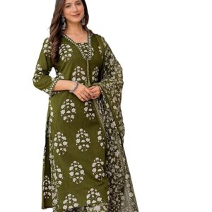 Home women's pure cotton printed straight kurta set with palazzo pants & dupatta ethnic wear, green